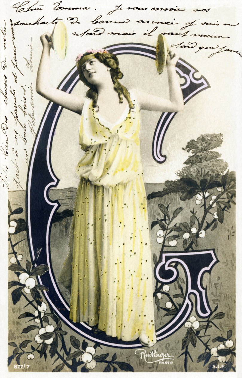 G: Louise Myriel, näyttelijät ja sanoittaja Belle Epoquesta - Folies Bergere, Gymnase, Gaite, Paris - Aakkoset postikortissa tekijältä Studio Reutlinger