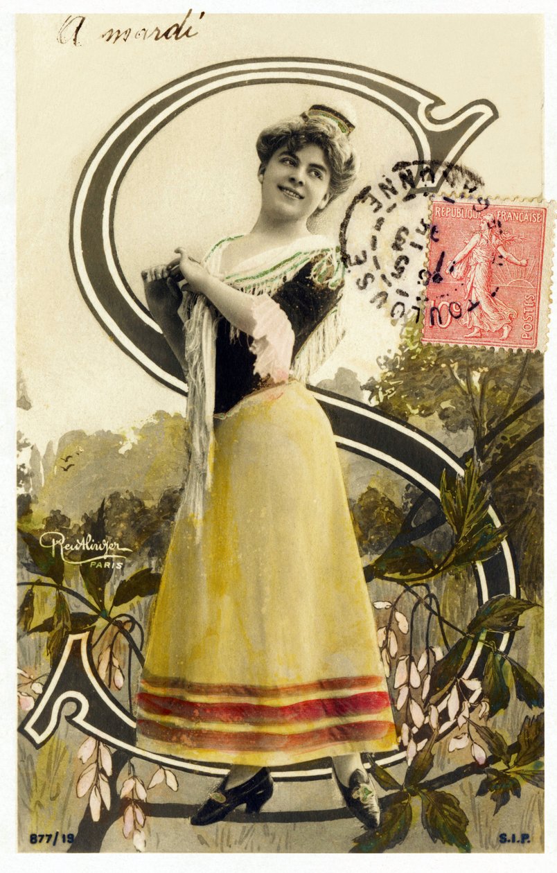 S: Mlle Caux, taiteilija 1900-luvulta - Aakkoset postikortissa tekijältä Studio Reutlinger