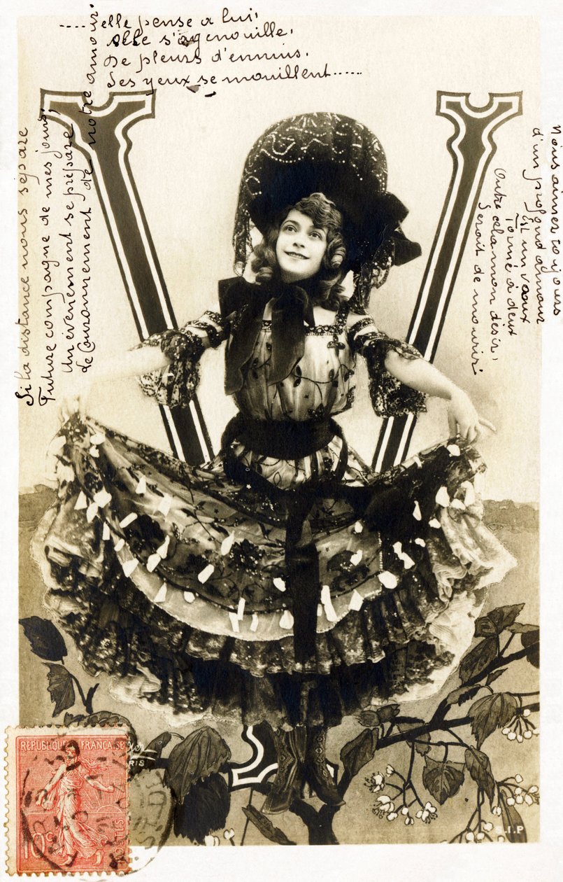V: Mariette Sully, belgialainen sopraano Belle Epoquesta - Teatterit: Bouffes Parisiennes, Menus Plaisirs, Gaite, Paris - Aakkoset postikortissa tekijältä Studio Reutlinger