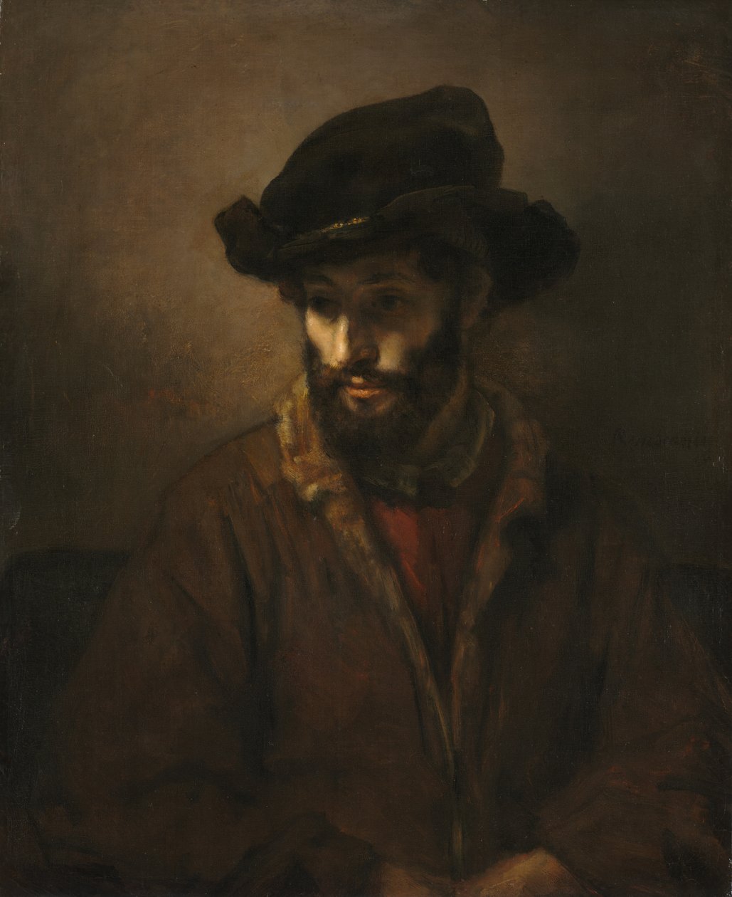 Parrakas mies, jolla on hattu tekijältä Studio of Rembrandt van Rijn