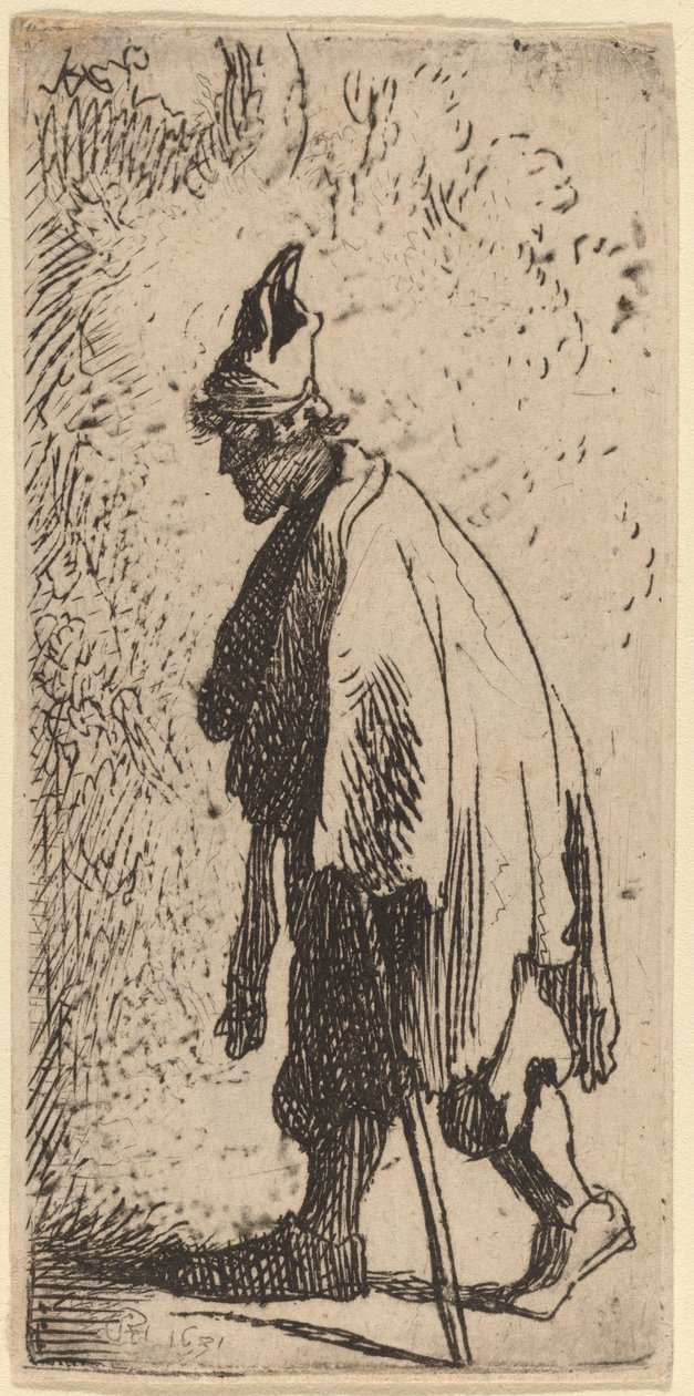 Kerjäläinen kepillä, kävelee vasemmalle tekijältä Studio of Rembrandt van Rijn