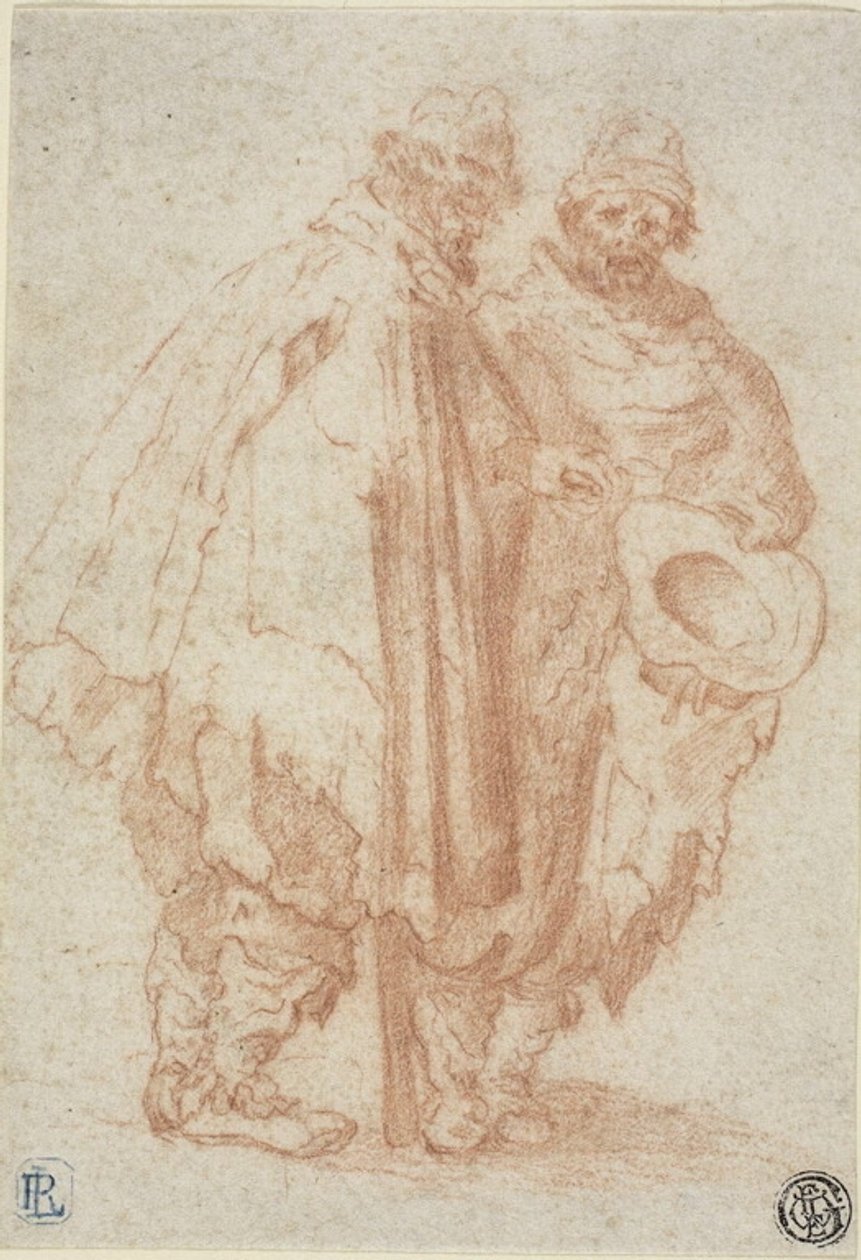 Kaksi parrakasta miestä rääsyisissä viitoissa tekijältä Style of Jacques Callot