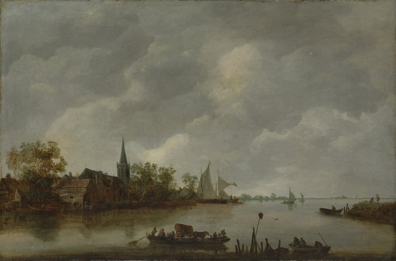 Näkymä joelle ja kyläkirkko. tekijältä Style of Jan van Goyen