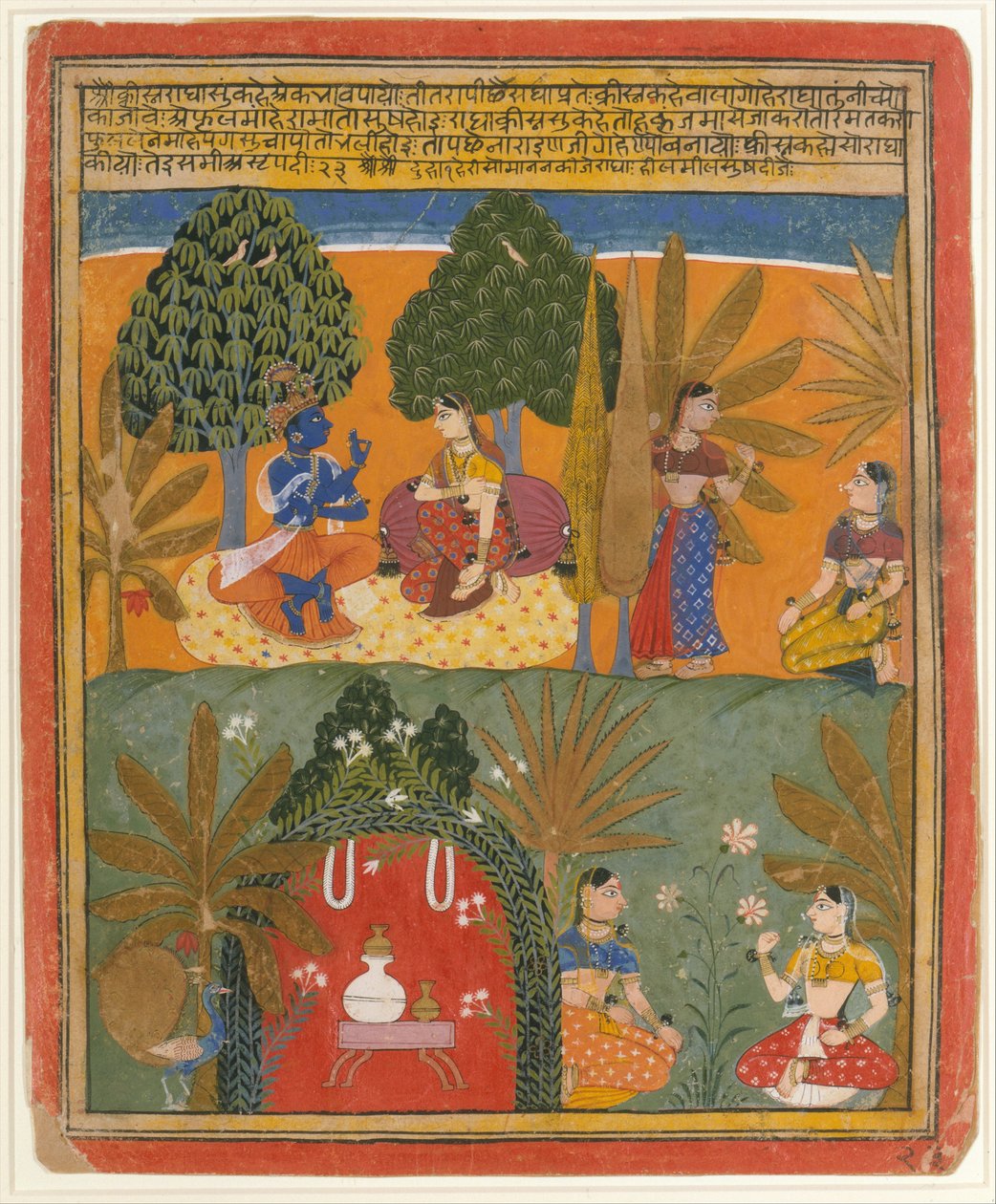 Krishna e Radha com seus confidentes: página de um Gita Govinda disperso, ca. 1655-60. finlandês tekijältä Style of Manohar