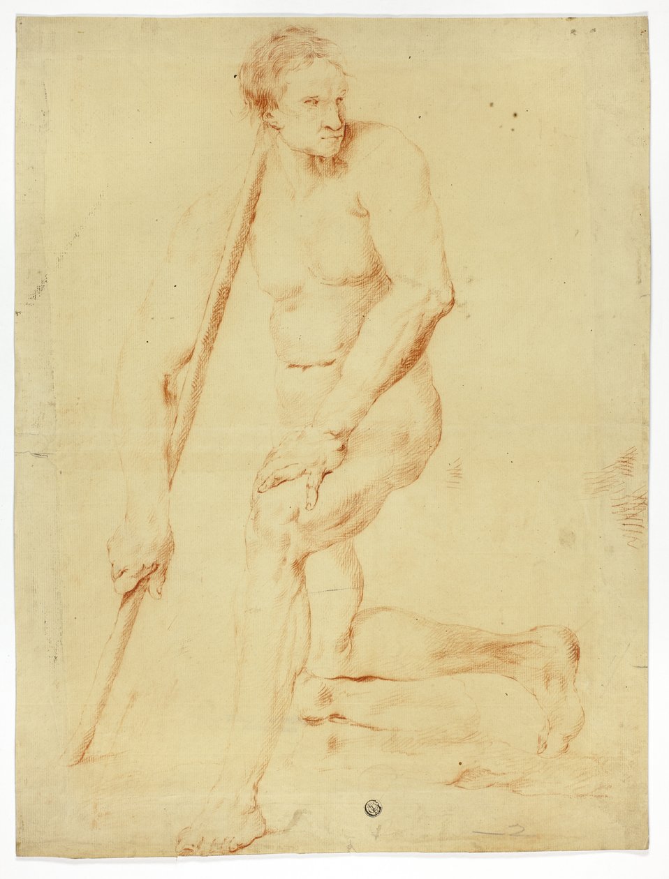 Akateeminen mies alasti nojaamassa henkilökuntaan tekijältä Style of Pompeo Girolamo Batoni
