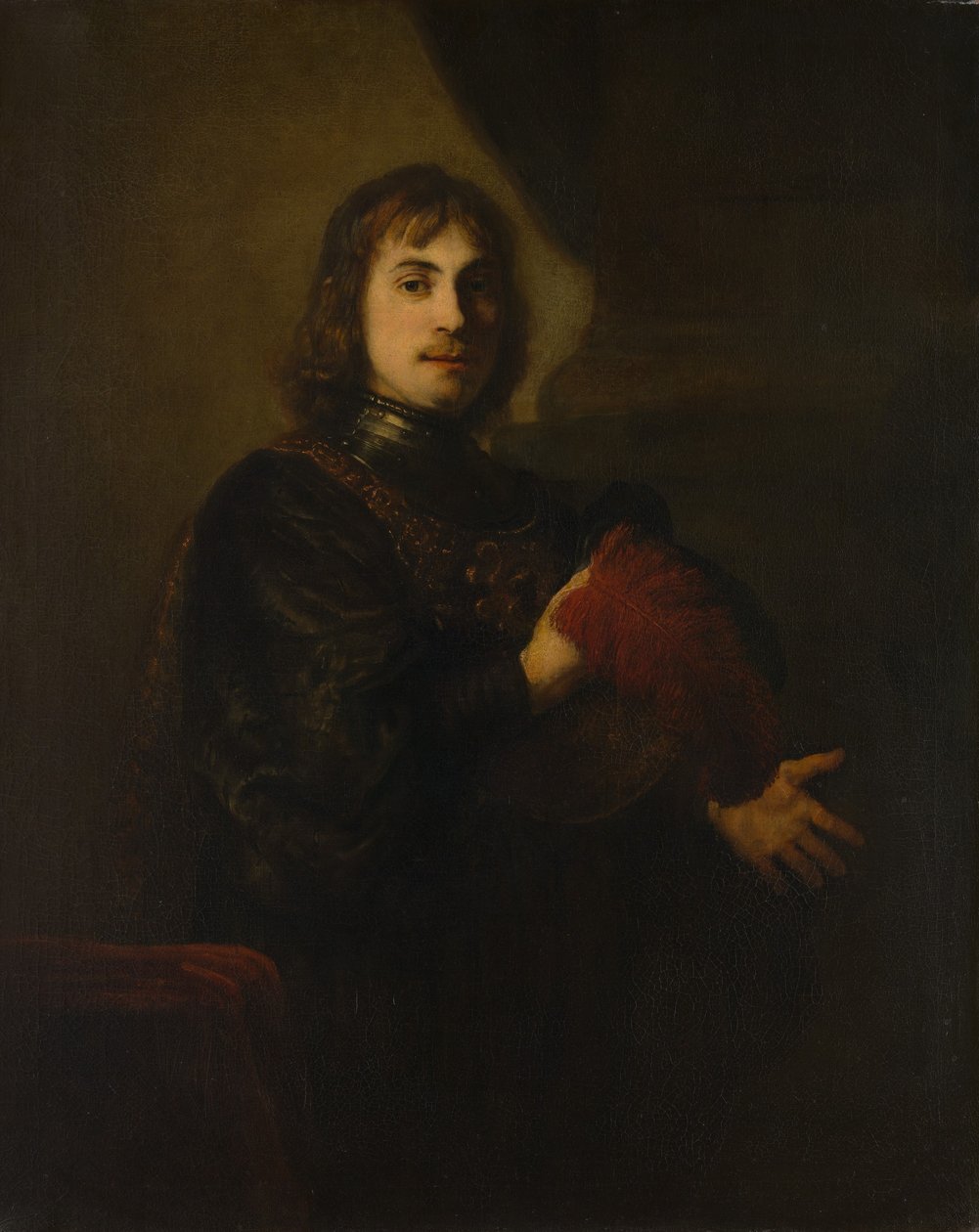 Muotokuva miehestä, jolla on rintakilpi ja hattu. tekijältä Style of Rembrandt