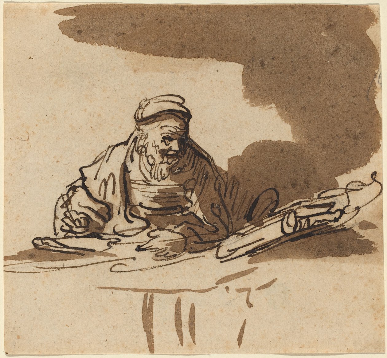 Vanha tutkija pöytänsä ääressä tekijältä Style of Rembrandt van Rijn