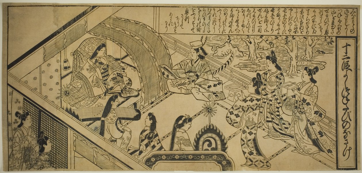 Yoshitsunen kohtaaminen prinsessa Jorurin kanssa, kirjasta "The Tale of Joruri in Twelve Episodes (Joruri Junidan Zoshi)". tekijältä Sugimura Jihei