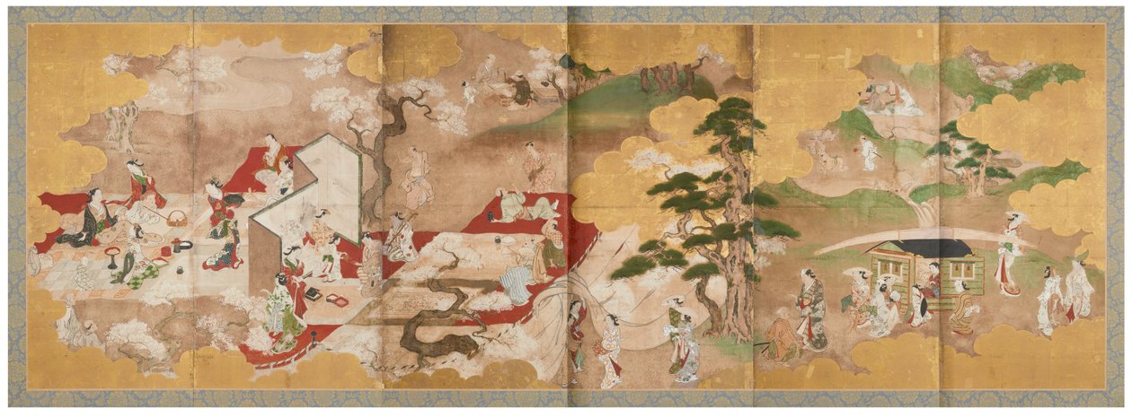 Piknikretkeily kirsikankukkien alla ja
Boating on the River, 1700-luvun puoliväli (Kuusiruutuinen kuvaruutupari; tussi, väri ja kulta).
paperille) tekijältä Sukenobu Nishikawa