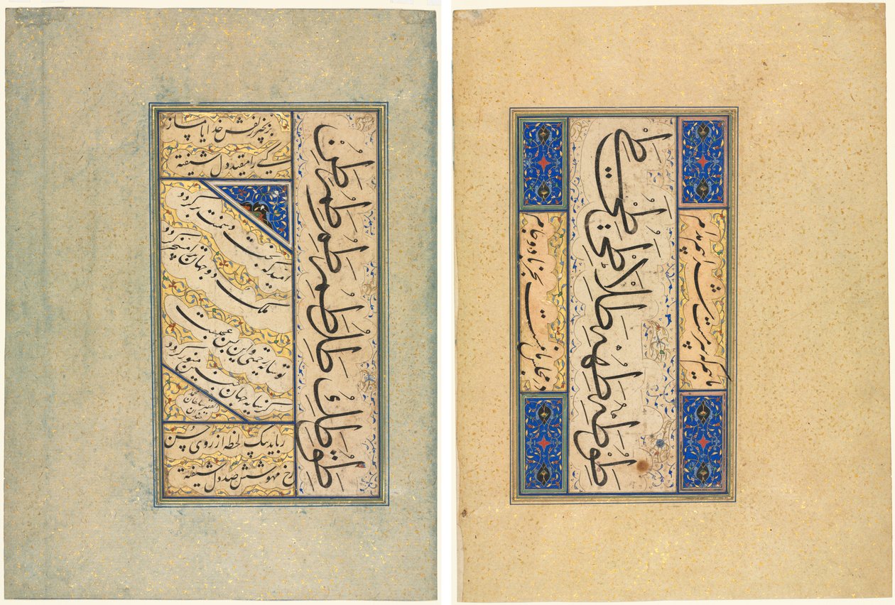 Persian kvadraiinit (Rubayi) ja kalligrafiset harjoitukset (recto); persialainen jae (khamriyya) (käänteinen) tekijältä Sultan Muhammad Khandan