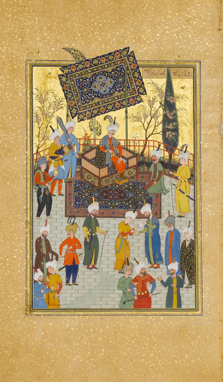 Khusrau istuu valtaistuimellaan, Folio 64 Nizamin Khamsa-kvintetistä, A.H. 931A.D. 1524-25. Tekijät: Sultan Muhammad Nur, Mahmud Muzahhib, Shaikh Zada. tekijältä Sultan Muhammad Nur, Mahmud Muzahhib, Shaikh Zada