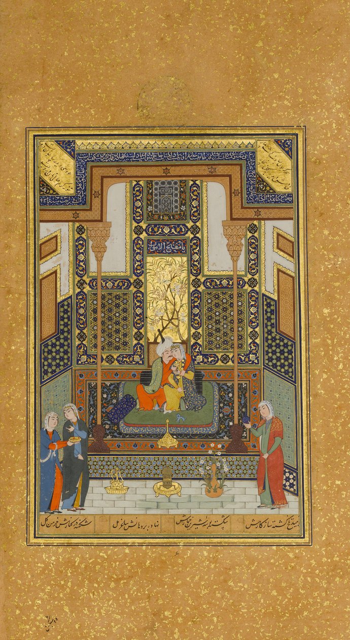 Khusraun ja Shirinin avioliitto, Folio 104 Nizamin Khamsa-kvintetistä, A.H. 931A.D. 1524-25. Tekijät: Sultan Muhammad Nur, Mahmud Muzahhib, Shaikh Zada. tekijältä Sultan Muhammad Nur, Mahmud Muzahhib, Shaikh Zada