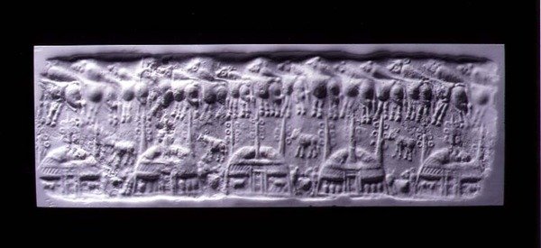 Hinahawakang cylinder seal impression, Uruk (ngayon Warka, Iraq), c.3300-3000 BC (plaster)finn tekijältä Sumerian Sumerian