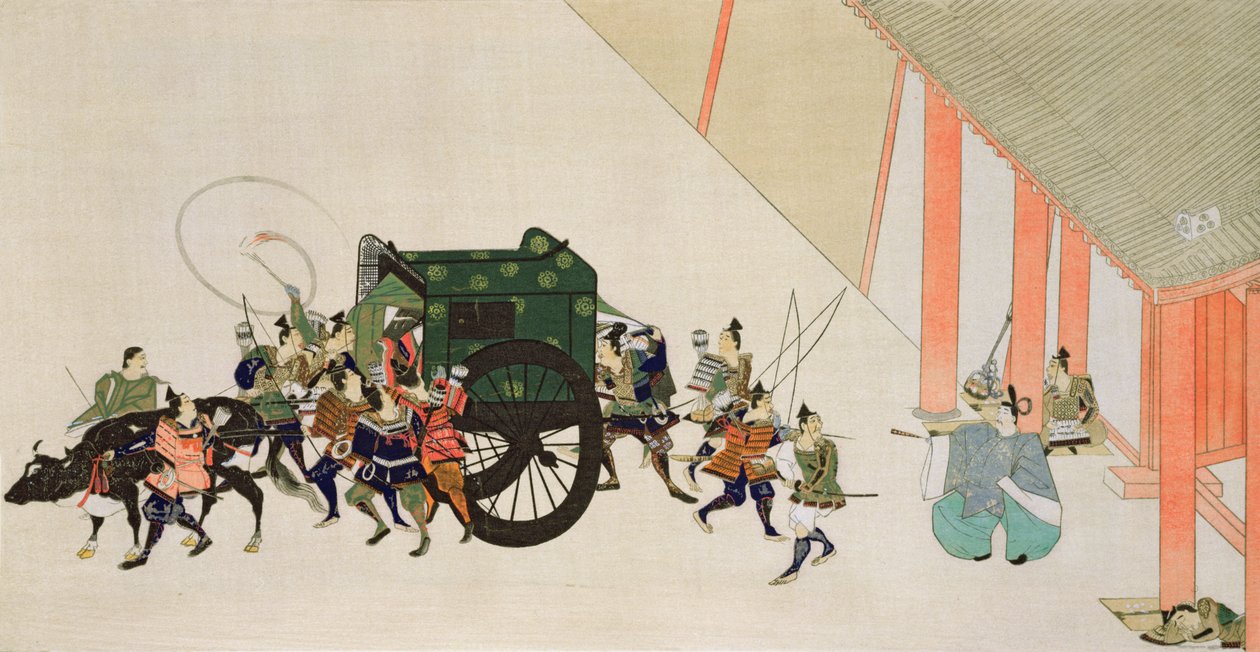 Keisari pakenemassa palatsista vaununaiseksi naamioitunut kohtaus Heian-ajan hoviromantiikasta, painettu Kokka-lehdessä, 1900-01 tekijältä Sumiyoshi Hirozumi Gukei