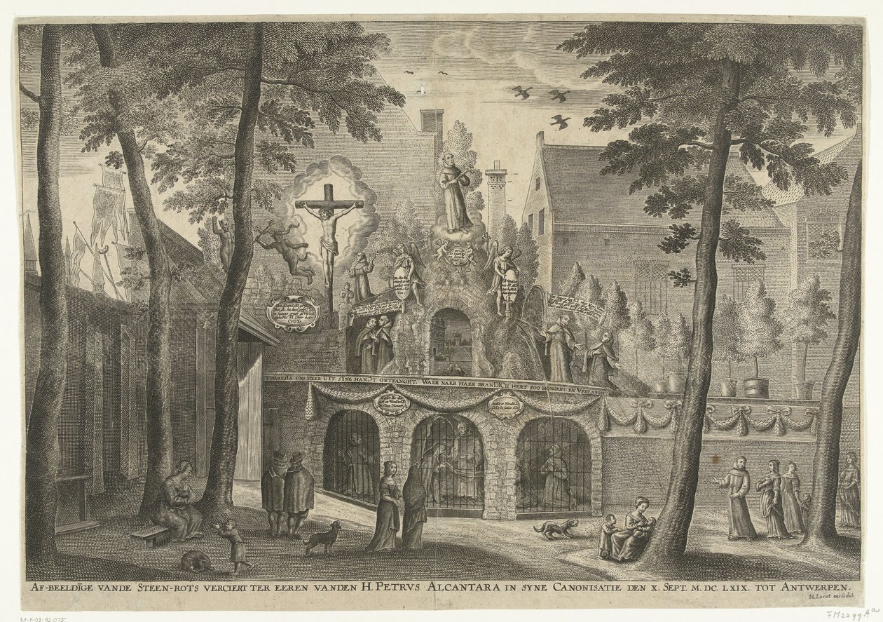 Antwerpeniin pystytetty tähti, kun Pietari Alcantara julistettiin pyhäksi vuonna 1669 Kuvaus kivikalliosta Pyhän Pietarin Alcantaran kunniaksi kanonisaatiossa X. syyskuuta. MDCLXIX Antwerpeniin (otsikko esineessä) tekijältä Susanna Verbruggen (possibly)