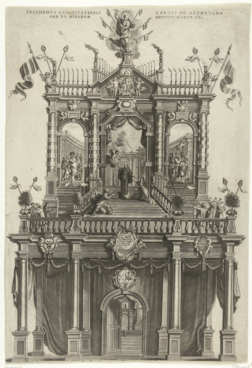 Riemuportti pystytettiin Antwerpeniin Alcantaran Pietarin kanonisoinnin yhteydessä vuonna 1669 Triumphus Canonizationis S. Petri de Alcantara Ord. F.F. Minorum Antverp. 16. syyskuuta 1669 (otsikko esineessä) tekijältä Susanna Verbruggen (signed by artist)