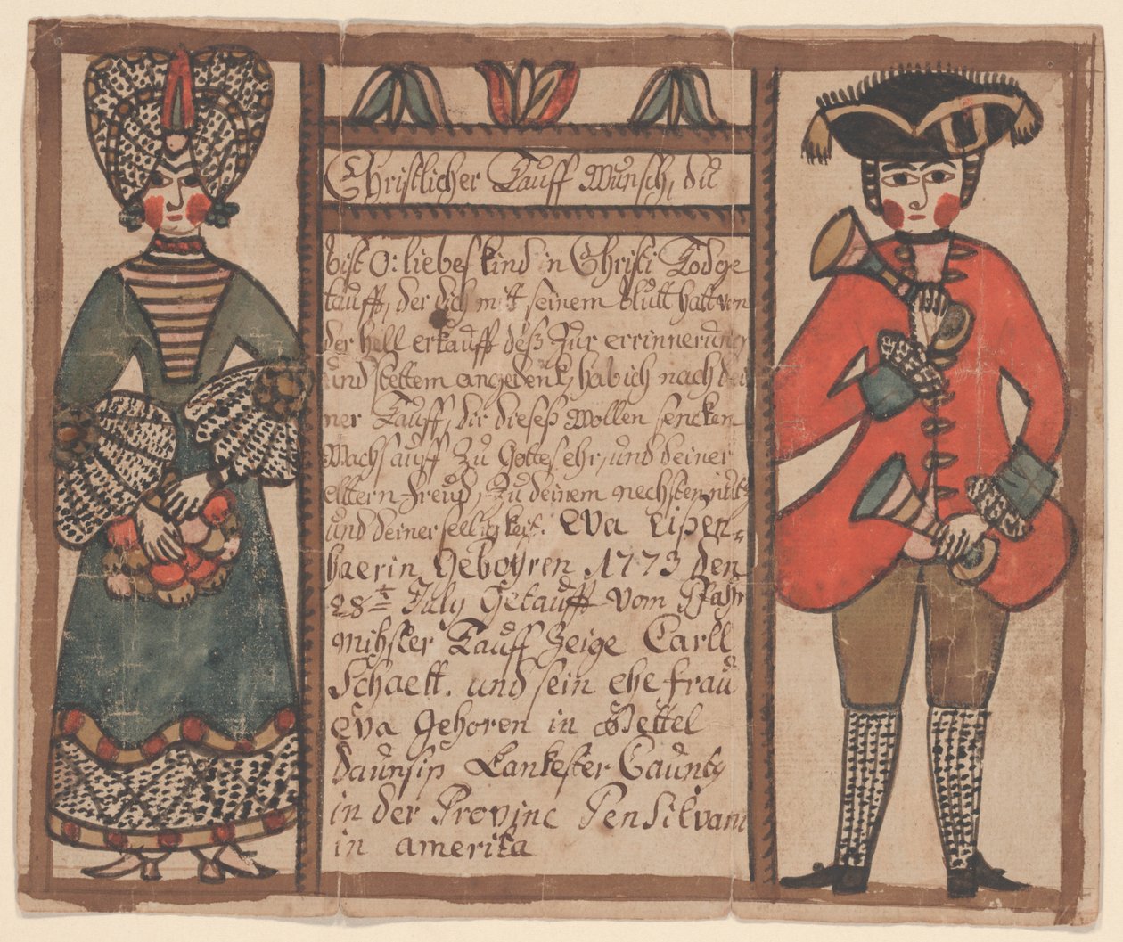 Eva Eissenhaerin syntymä- ja kastetodistus, n. 1773 (kynä & muste ja wc paperilla) tekijältä Sussel Washington Artist