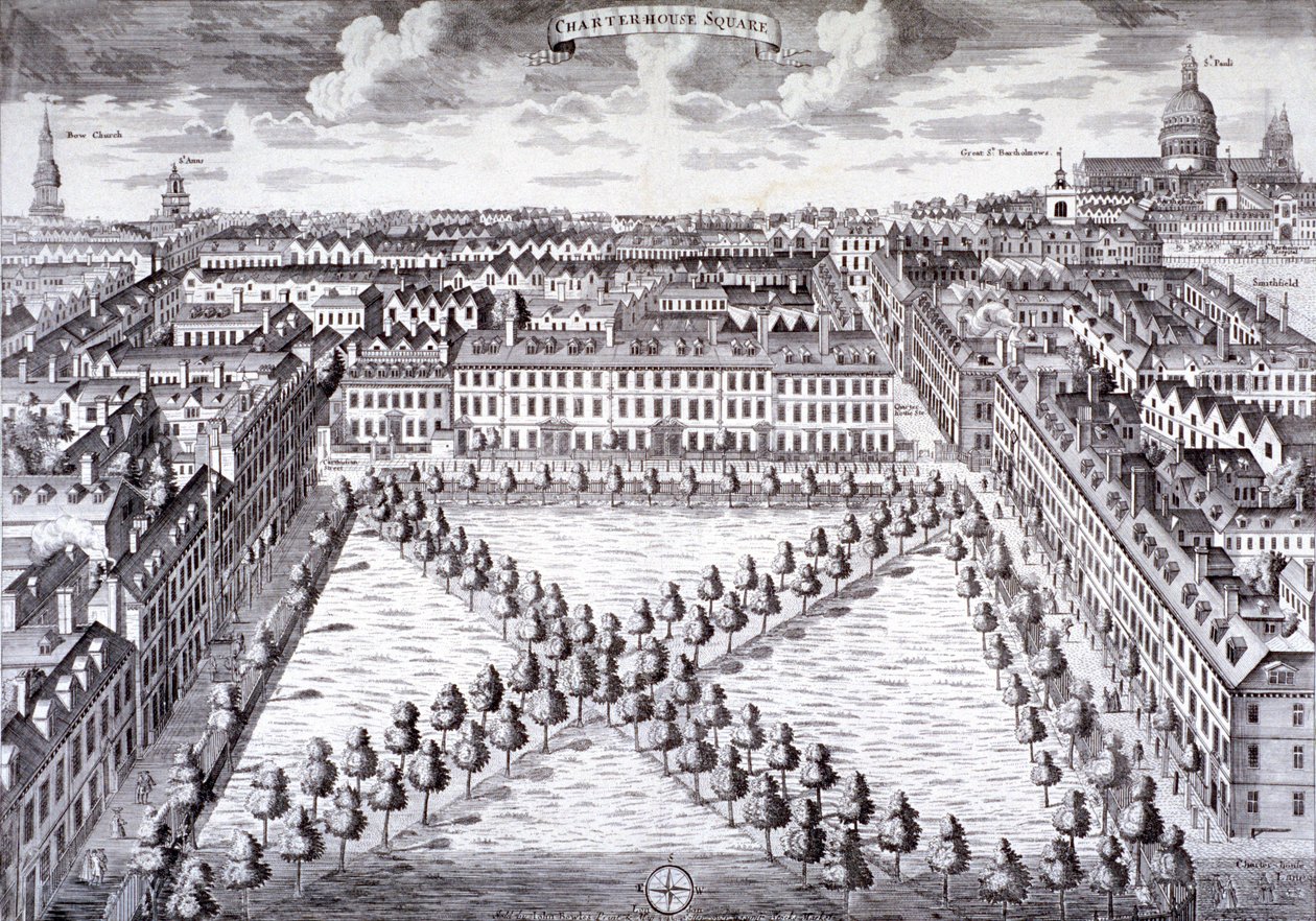 Lintuperspektiivistä Charterhouse Square, Finsbury, Lontoo, c1750 tekijältä Sutton Nicholls