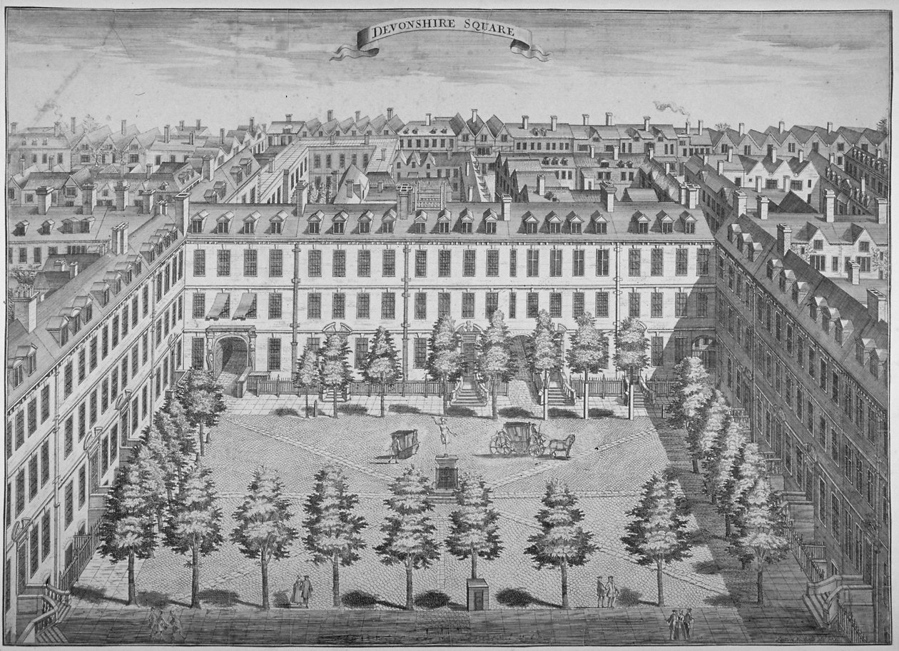 Lintuperspektiivistä Devonshire Square, Lontoon kaupunki, 1740. tekijältä Sutton Nicholls