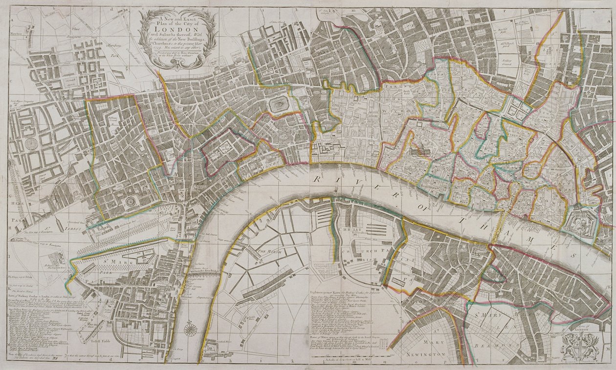 Westminsterin, Lontoon Cityn, Southwarkin ja lähialueiden kartta, 1739 tekijältä Sutton Nicholls