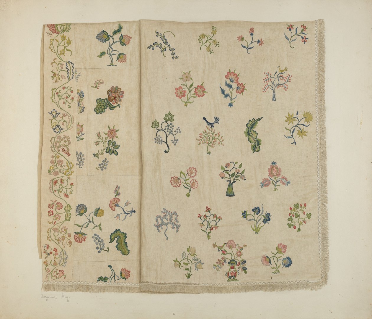 Crewel Brodeerattu päiväpeite, c. 1941. tekijältä Suzanne Roy