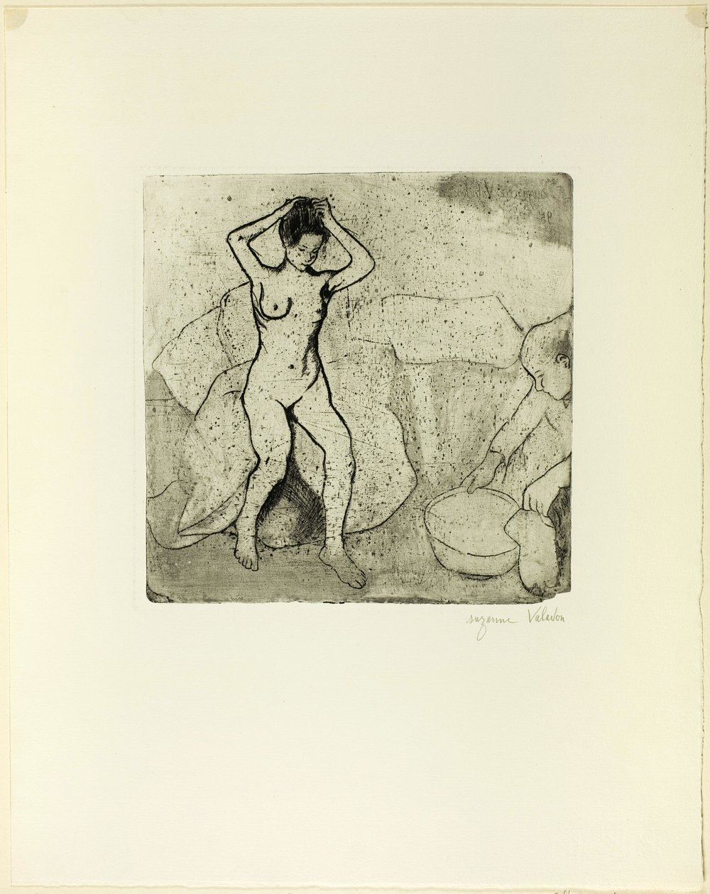 Catherine valmistelee kylpyä ja Louise, Nude, korjaa hiuksensa tekijältä Suzanne Valadon