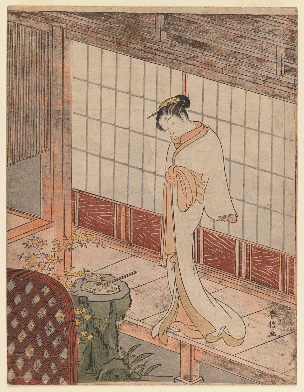 Kurtesaani yöasussa seisomassa verannalla, n. 1767 (värillinen puupainatus) tekijältä Suzuki Harunobu