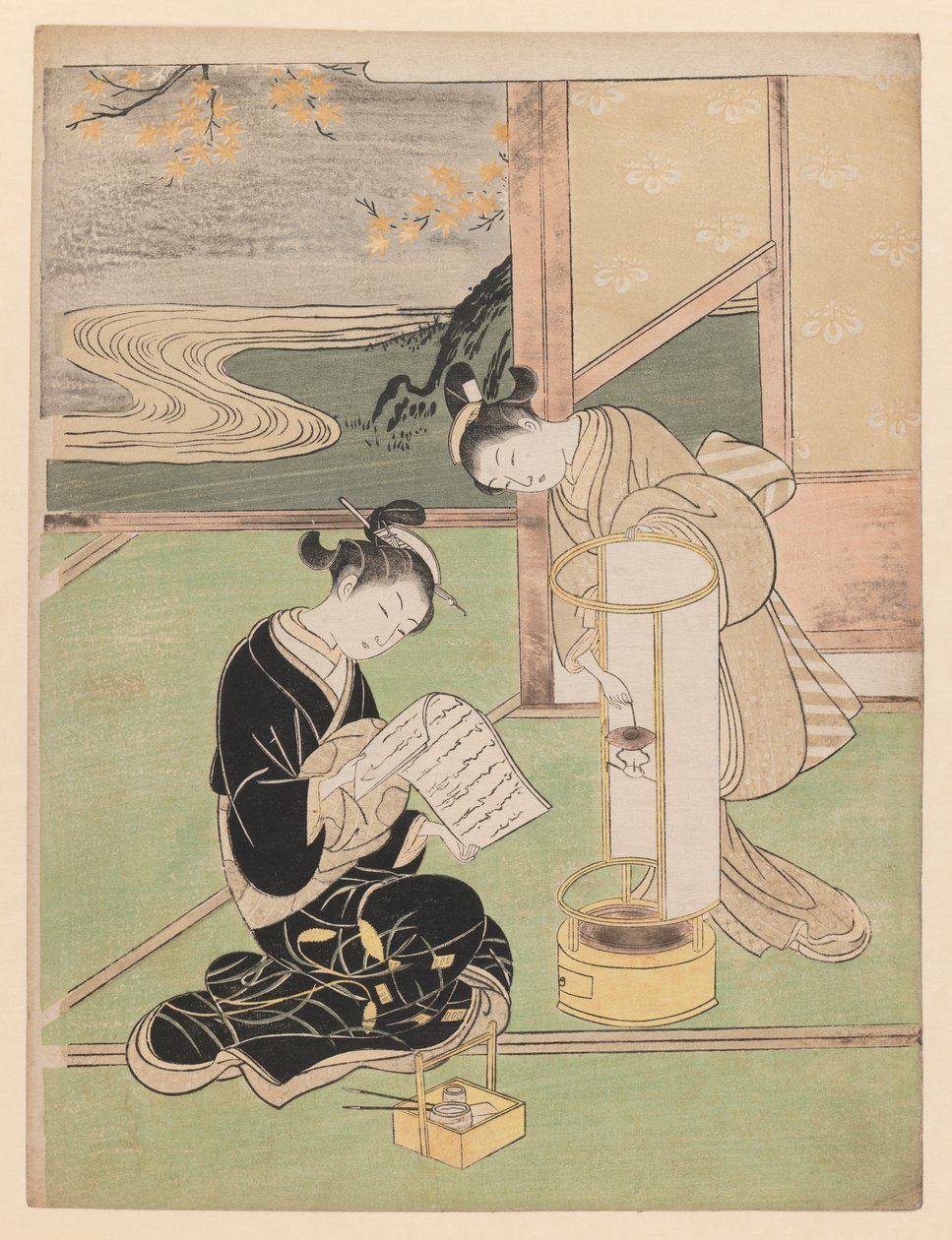 Iltavalo paperipäällysteisessä yövalossa, sarjasta Eight Parlour Views, 1766 (värillinen puupainatus) tekijältä Suzuki Harunobu