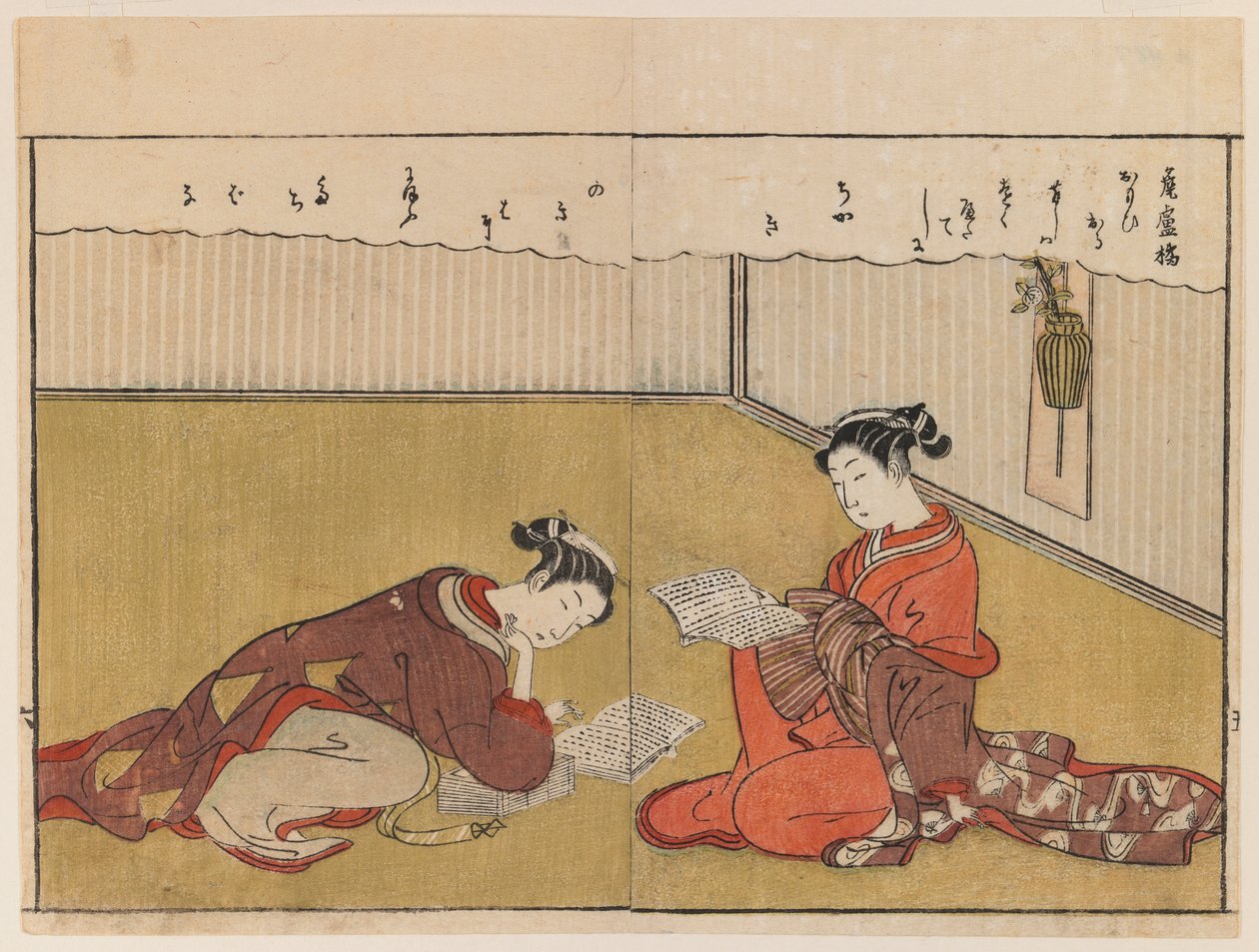 Sivu: Haru no Nishiki, 1771 (puupainatus) tekijältä Suzuki Harunobu