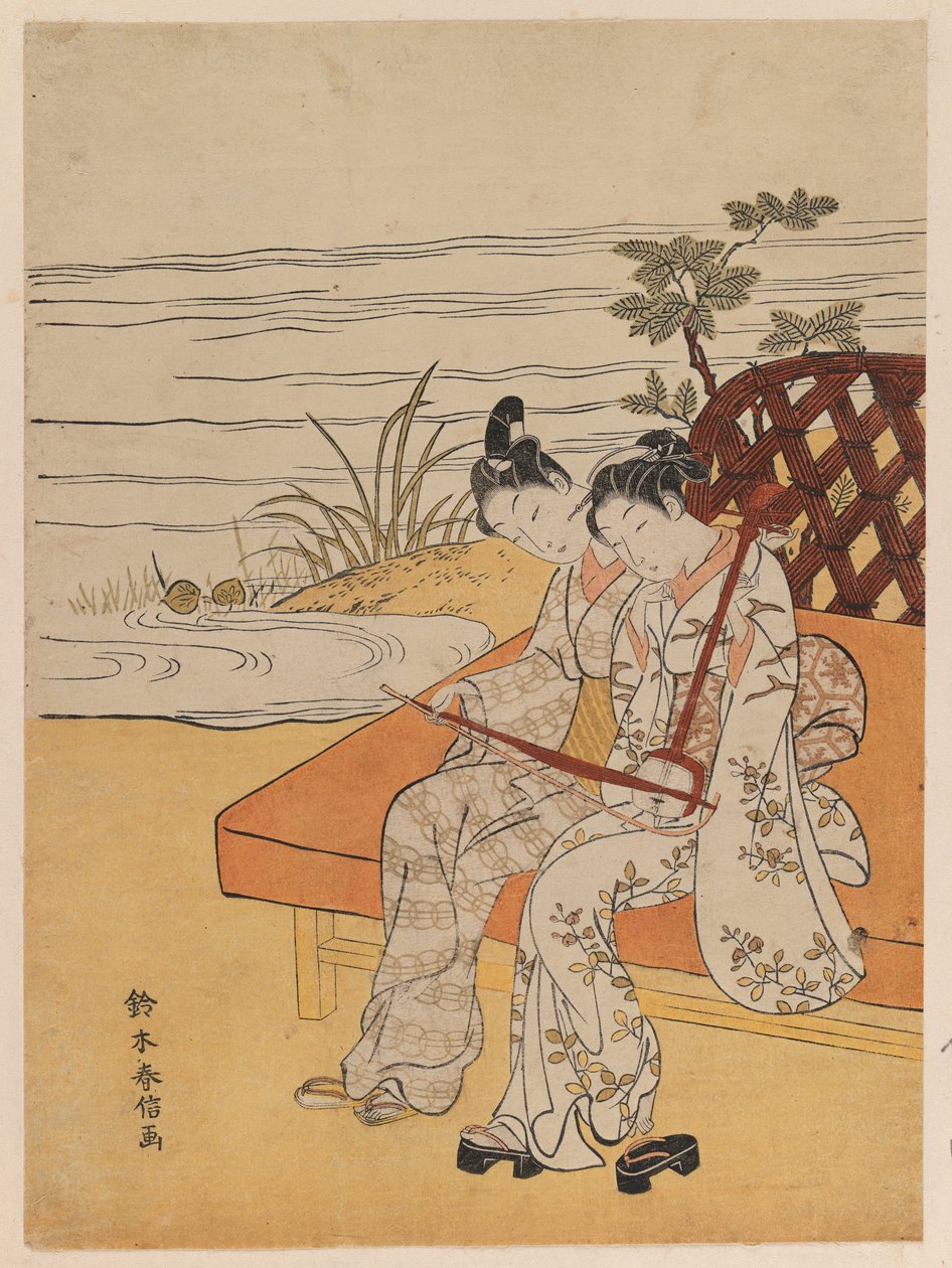 Kävelevät kokyu-soittimet, n.1765 (värillinen puupalikkaprintti) tekijältä Suzuki Harunobu