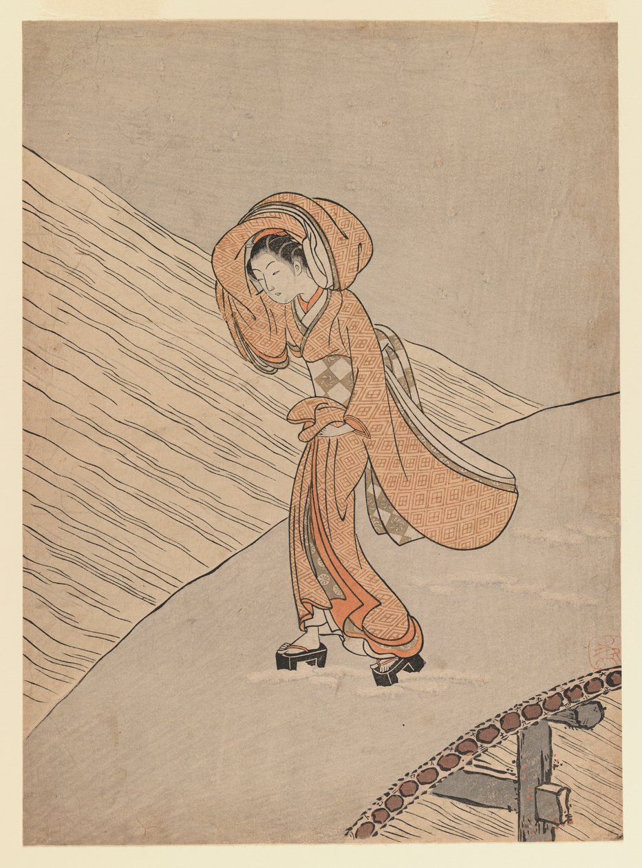Nuori tyttö ylittää sillan lumen jälkeen: Meiwan toisen vuoden kalenterivuosi, 1765 (värillinen puupainatus) tekijältä Suzuki Harunobu