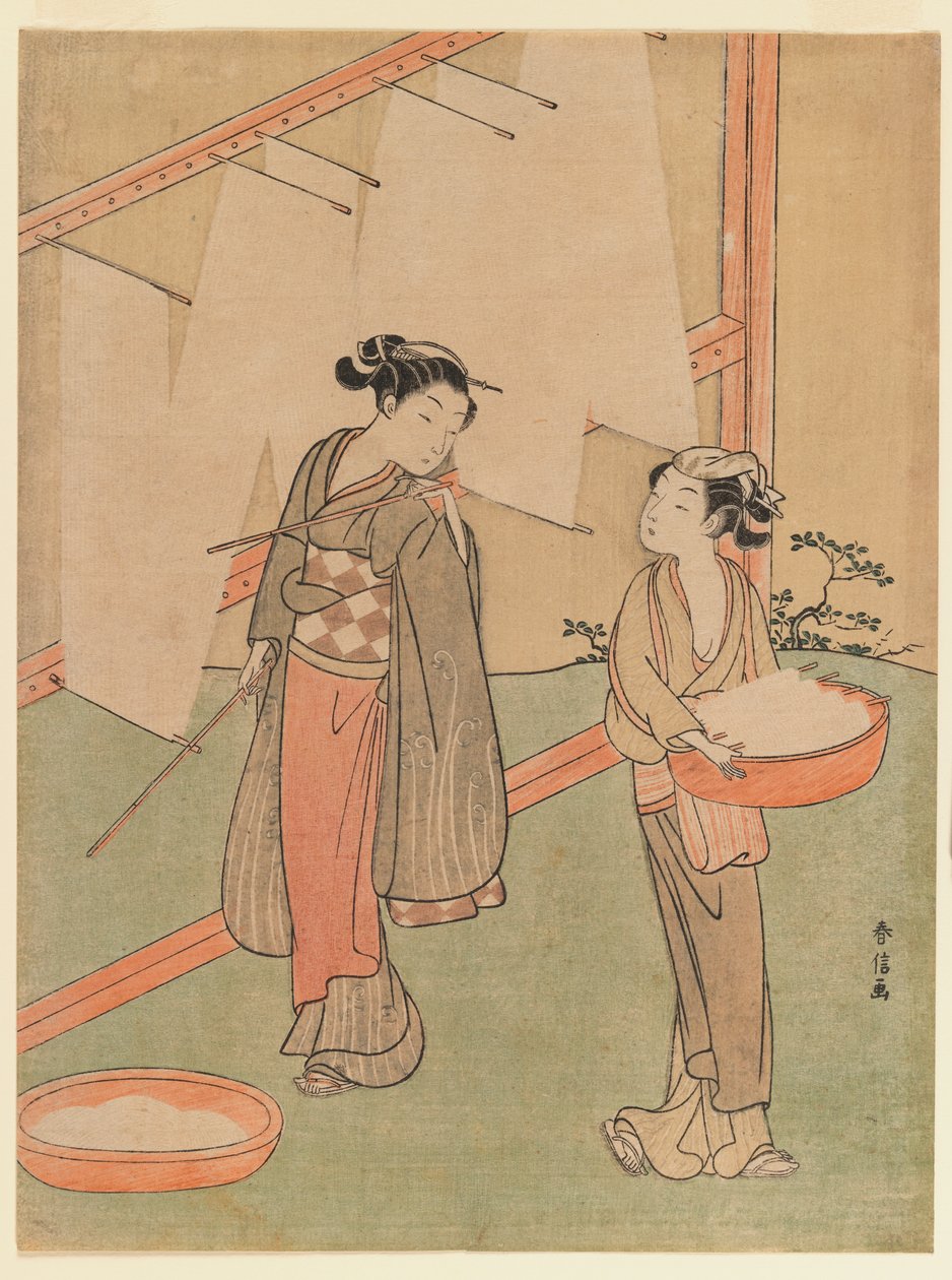 Nuori tyttö ja palvelija kuivaamassa japanilaisia hienoja nuudeleita, n.1766 (värillinen puupainatus) tekijältä Suzuki Harunobu