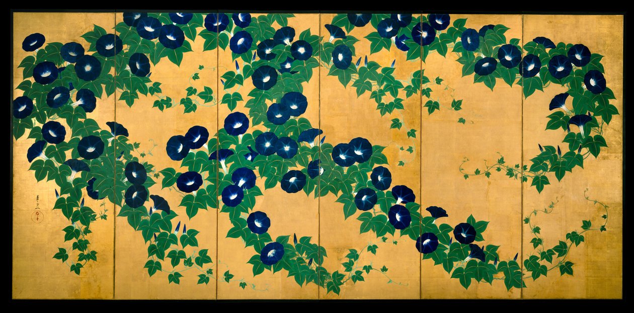 Morning Glories, 1800-luvun alku (muste, väri ja kultalehti paperilla) tekijältä Suzuki Kiitsu
