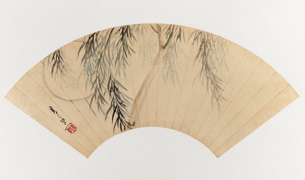 Willow and Moon (viuhkamaalaus) (viuhkamaalaus, muste ja vaalea väri paperille) tekijältä Suzuki Kiitsu