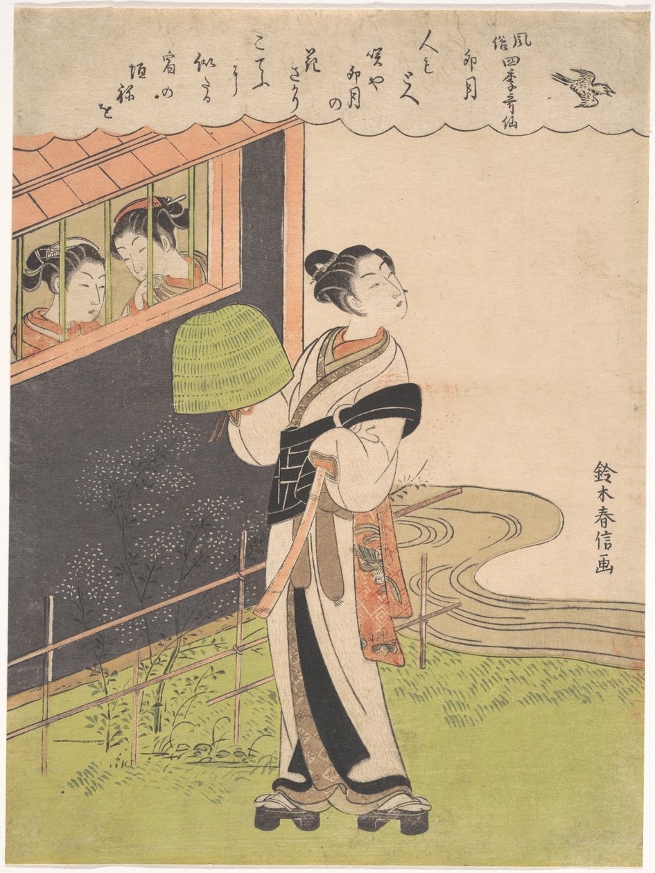 Huilua soittava munkki (Komusō); Neljäs kuukausi (Uzuki), sarjasta Neljän vuodenajan muodikkaat kuolemattomat runoilijat (Fūzoku shiki kasen) tekijältä Suzuki Harunobu