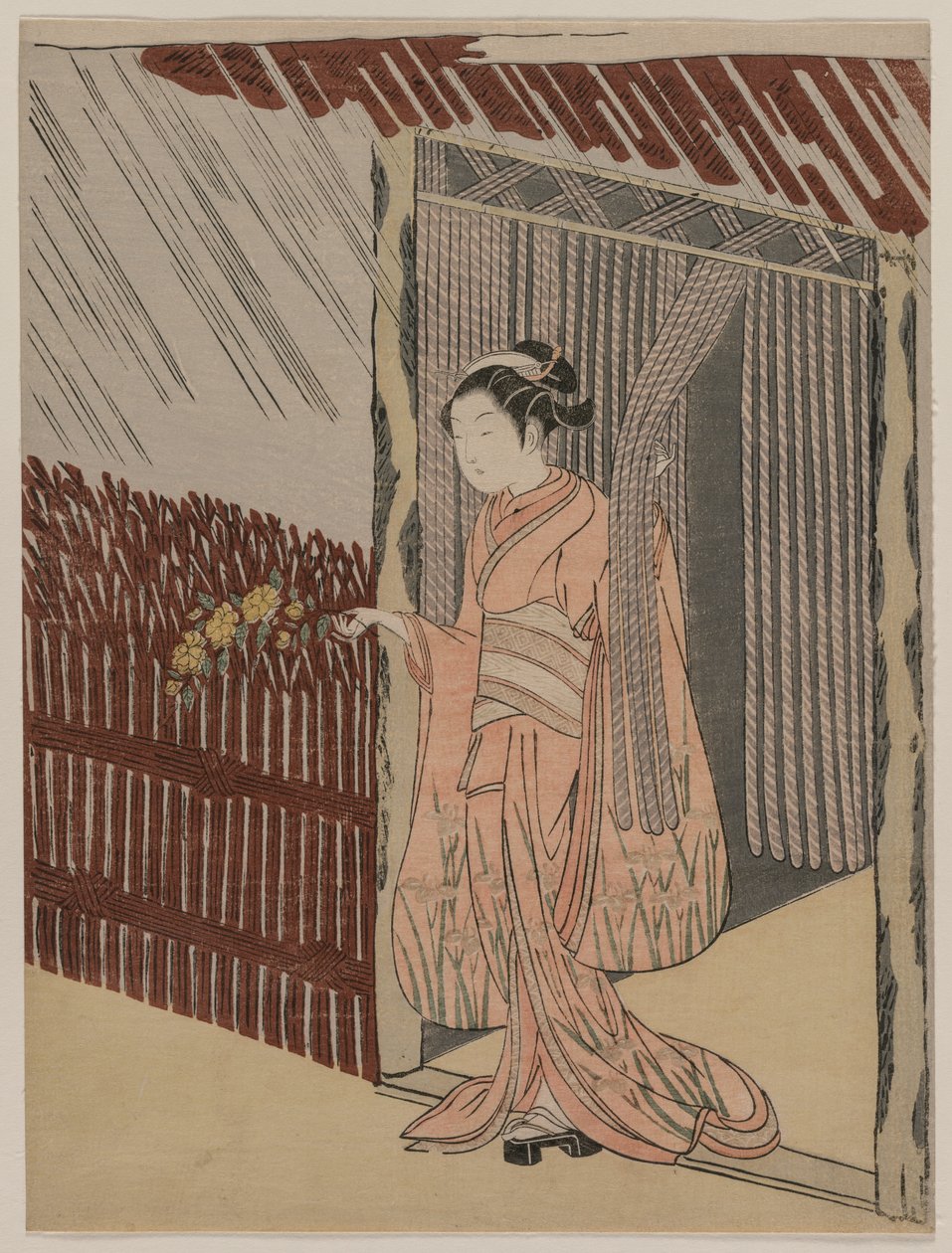 Vaaleanpunaiseen pukeutunut tyttö, 1766. tekijältä Suzuki Harunobu