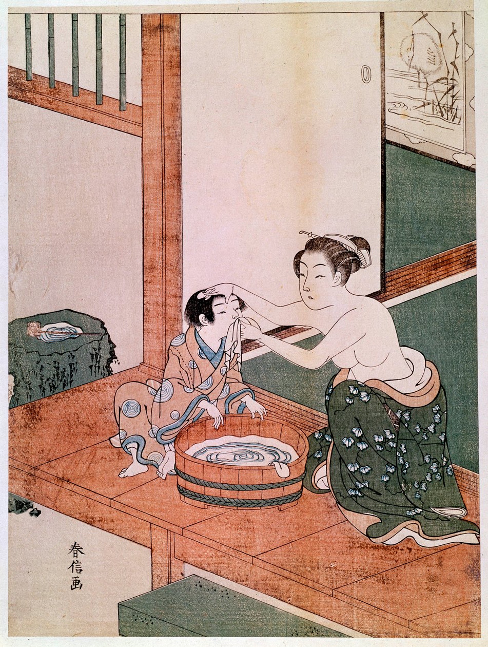 Alaston äiti pesemässä lastaan Japanissa lähellä vedellä täytettyä altaan. Haronobu Suzukin vedokset (1725-1770). 1766-1768. Himmeä. 0,27x0,201 m. Pariisi, Guimetin museo, Aasian taiteen kansallinen museo tekijältä Suzuki Harunobu