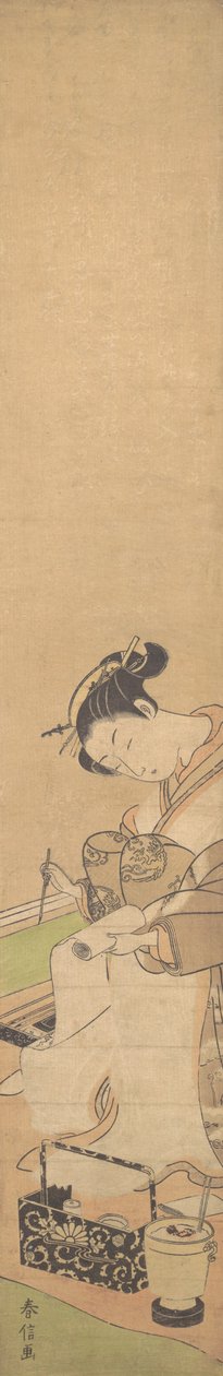 Oiran istuu sängyllä ja kirjoittaa kirjettä, n. 1769, n. 1769. tekijältä Suzuki Harunobu
