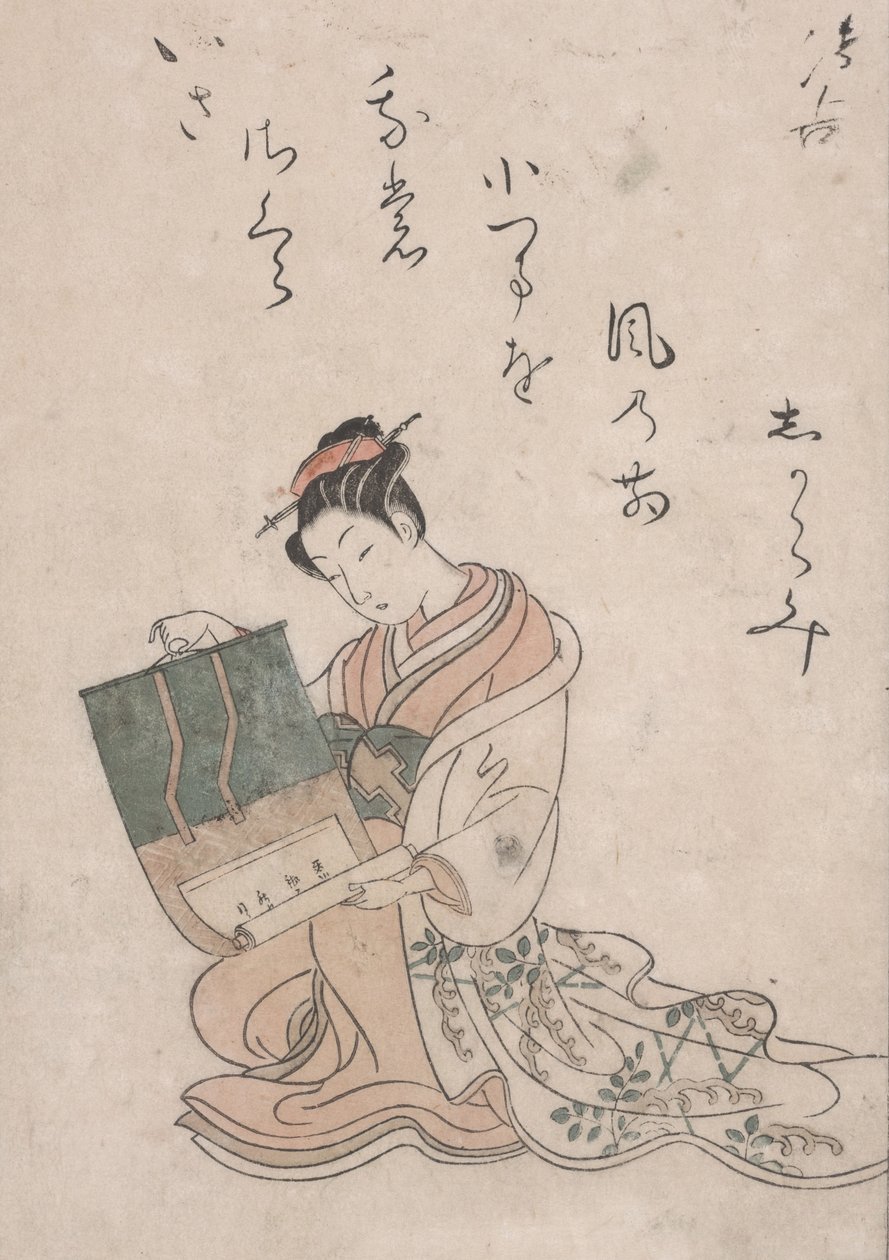 Beauty Unrolling Scroll, n. 1770 (värillinen puupiirros japanilaiselle paperille) tekijältä Suzuki Harunobu