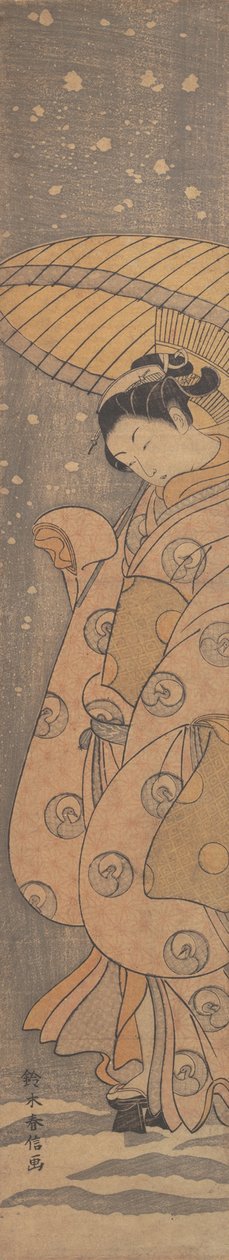 Kauneutta sateenvarjon alla lumessa, n. 1770, n. 1770. tekijältä Suzuki Harunobu