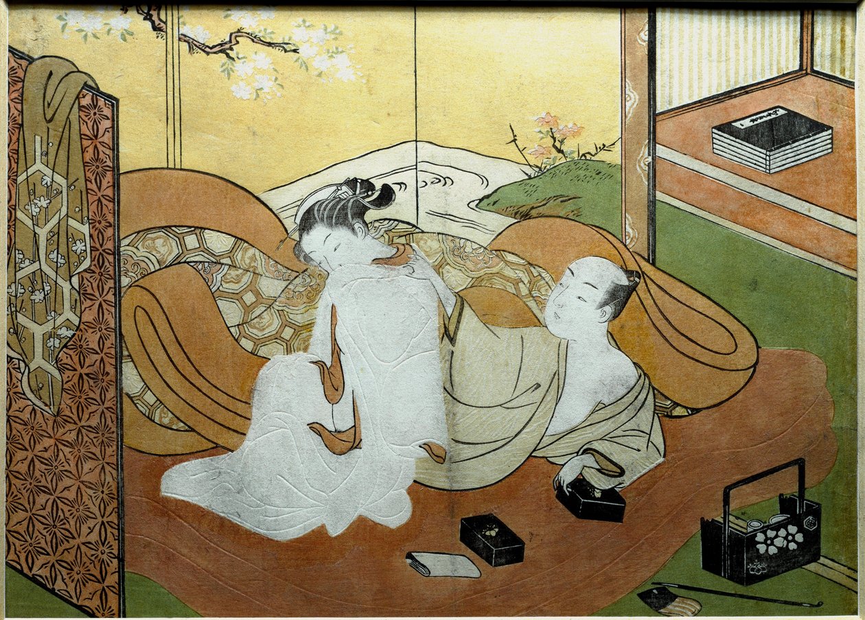 Pari rakastajaa makaa sisustuksessa, jossa on näyttö, kalligrafialaatikko Nishiki-e print (Nishiki e) Suzuki Harunobu (1725-noin 1770) 1765 noin. Aurinko. 20,6x27,8 cm Yksityinen kokoelma tekijältä Suzuki Harunobu