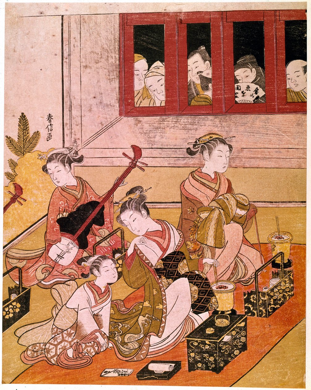 Kurtisaanit soittavat musiikkia, jotka altistuvat tirkistelijöiden silmille. Haronobu Suzukin (1725-1770) japanilainen printti. 1769 noin Himmeä. 0,27x0,21 m. Pariisi, Guimetin museo, Aasian taiteen kansallinen museo tekijältä Suzuki Harunobu