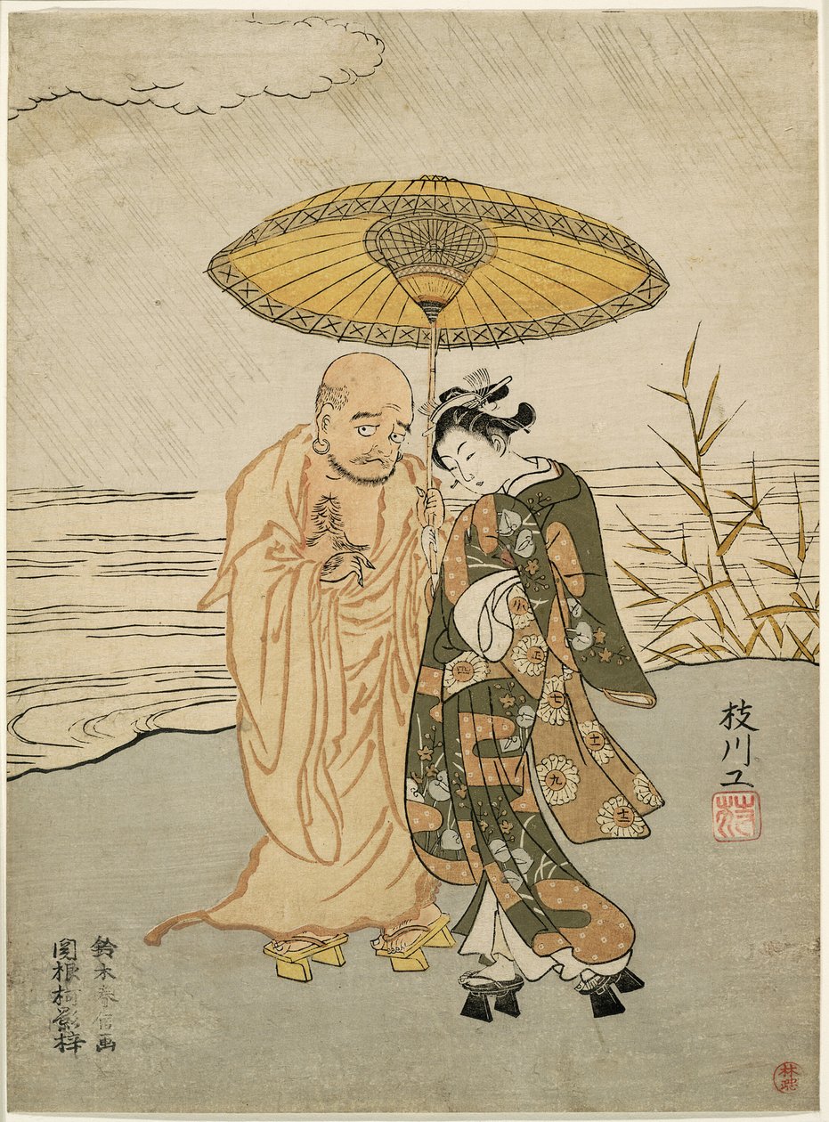 Daruma ja nuori nainen sateessa tekijältä Suzuki Harunobu