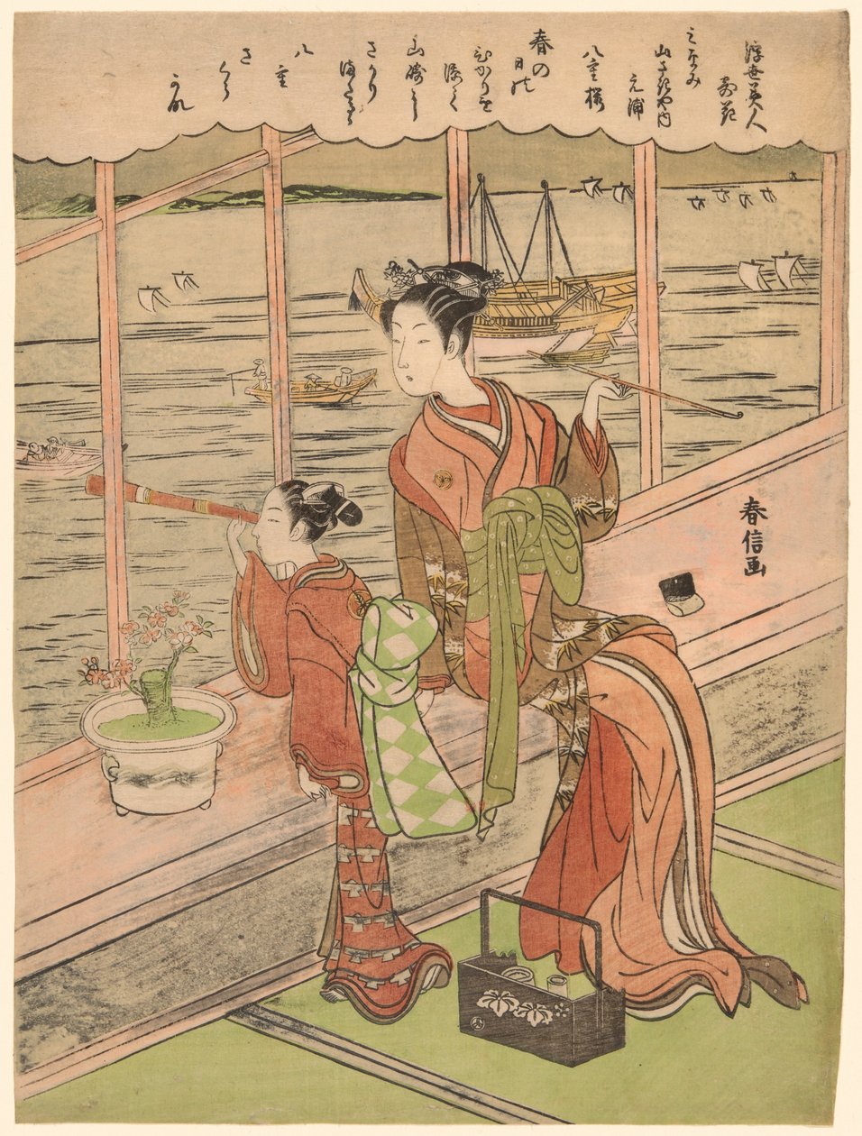 Kaksikukkainen kirsikka: Minami Yamasakiyan Motoura (Minami Yamasakiya uchi Motoura, Yaezakura), sarjasta "Kelluvan maailman kaunottaret kukkiin verrattuna (Ukiyo bijin hana ni yosu)" tekijältä Suzuki Harunobu