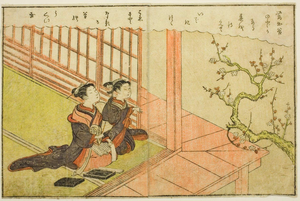 Il·lustració de doble pàgina del vol. 1 de "Picture Book of Spring Brocades (Ehon haru no nishiki)" finlandès tekijältä Suzuki Harunobu