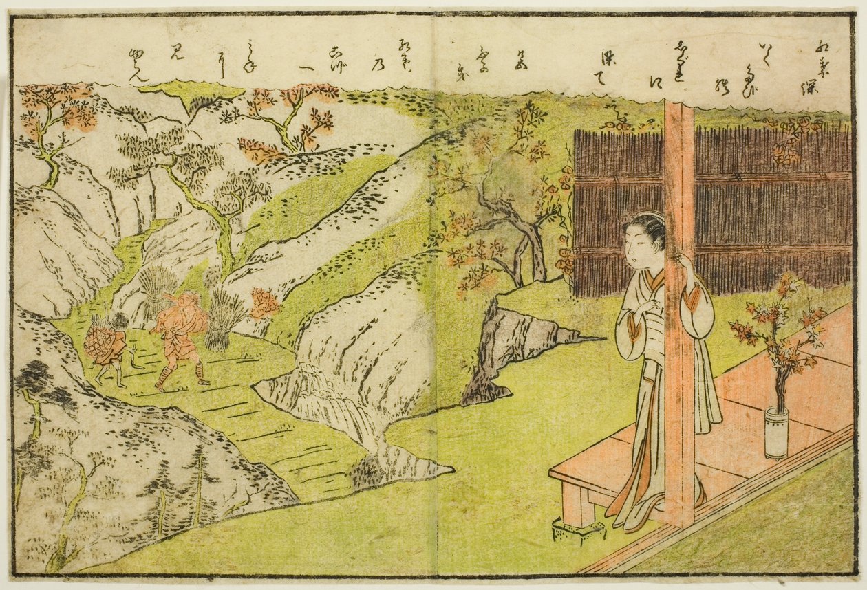 Kaksisivuinen kuvitus osasta Vol. 1 "Kevään brokaatien kuvakirja (Ehon haru no nishiki)" tekijältä Suzuki Harunobu