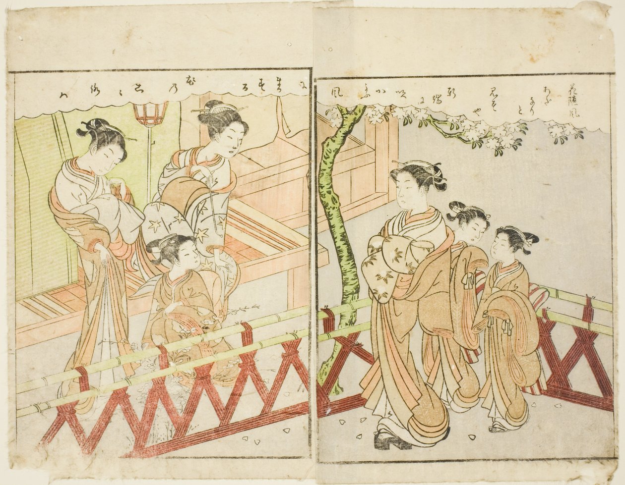 Kaksisivuinen kuvitus osasta Vol. 2 "Kevään brokaatien kuvakirja (Ehon haru no nishiki)" tekijältä Suzuki Harunobu