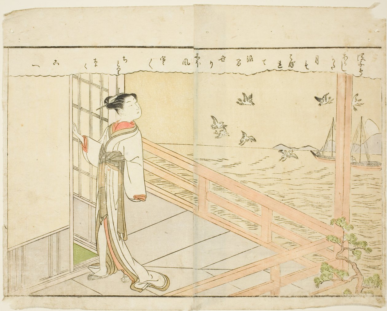 Kaksisivuinen kuvitus osasta Vol. 2 "Kevään brokaatien kuvakirja (Ehon haru no nishiki)" tekijältä Suzuki Harunobu