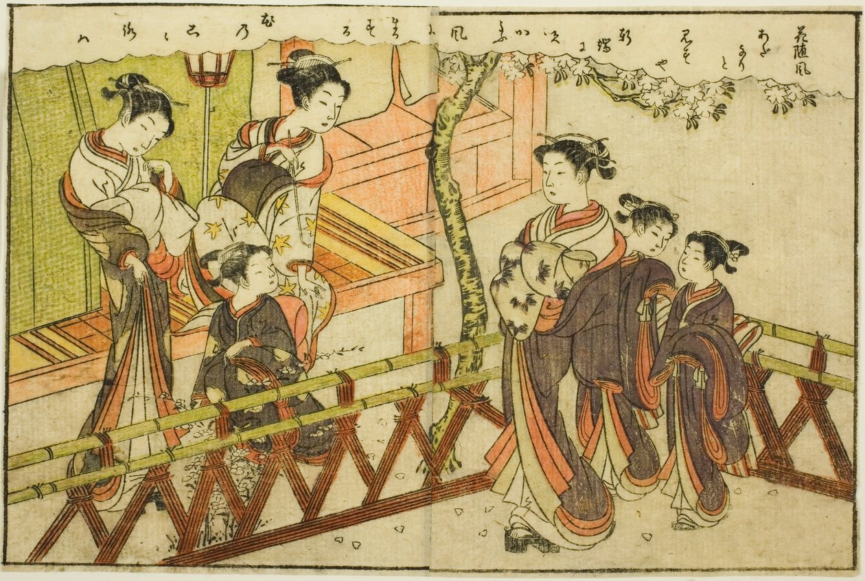 Kaksisivuinen kuvitus osasta Vol. 2 "Kevään brokaatien kuvakirja (Ehon haru no nishiki)" tekijältä Suzuki Harunobu