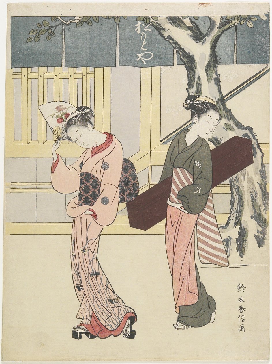 Viihdyttäjä ja hänen avustajansa Matsumoto-yan edessä, n. 1768 tekijältä Suzuki Harunobu